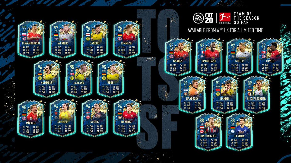 AcMexEsports's tweet photo. #Infoesports ¡Llega el #TOTSSF de la Bundesliga!🇩🇪

Las mejores cartas de la Liga Alemana ya llegaron a #UltimateTeam

Recuerden que el lunes pondrán cartas de otra liga.

¿Cuál quieren en su equipo?⚽

#FIFA20 #SueñaEntrenaTriunfa #AcMex https://t.co/JJKiQIXL0Z