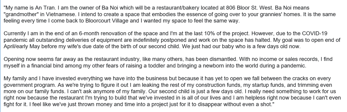 JessicaBellTO's tweet photo. An is one of so many small biz owners in #UniRose falling between the cracks. In his case with a business right about to open, and with a new child born just a few days ago. Read his story + join me in demanding the supports needed to #SaveMainStreet here: https://t.co/9oeYNgtodt https://t.co/isZmnQoMhK