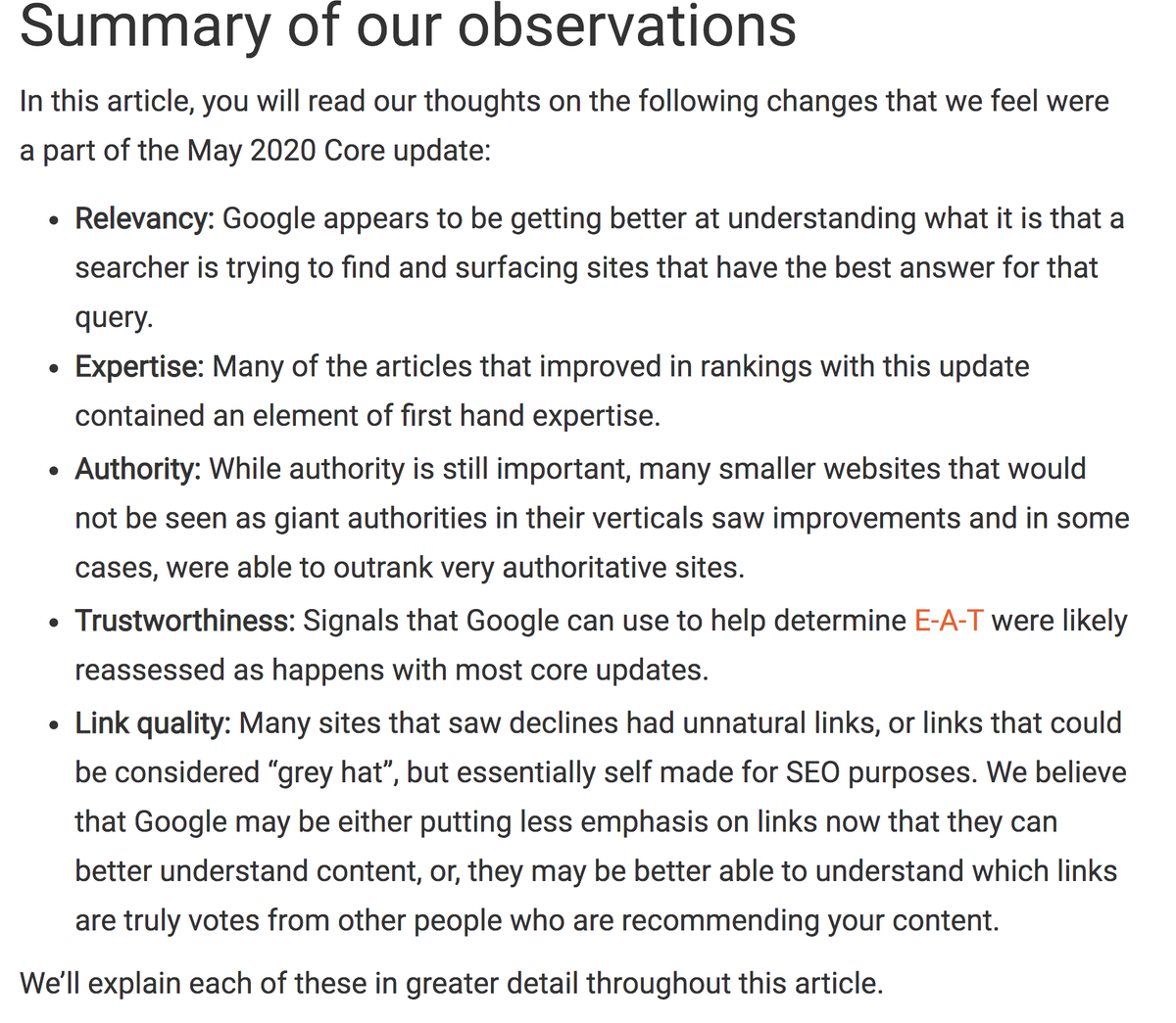 Marie_Haynes's tweet photo. Here we go! Our thoughts on the May 2020 core update. We believe Google got better at understanding relevancy, content quality, and in some cases is valuing real life expertise. Interesting observations on links as well. 

https://t.co/bpY0JJHxZX https://t.co/nEHaTUXCef