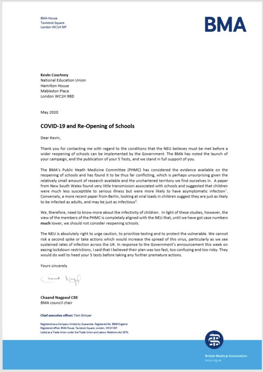 Big news: The British Medical Association writes to the NEU.
The BMA notes the “publication of your 5 tests, and we stand in full support of you”.
Thank you <a href="/TheBMA/">The BMA</a>