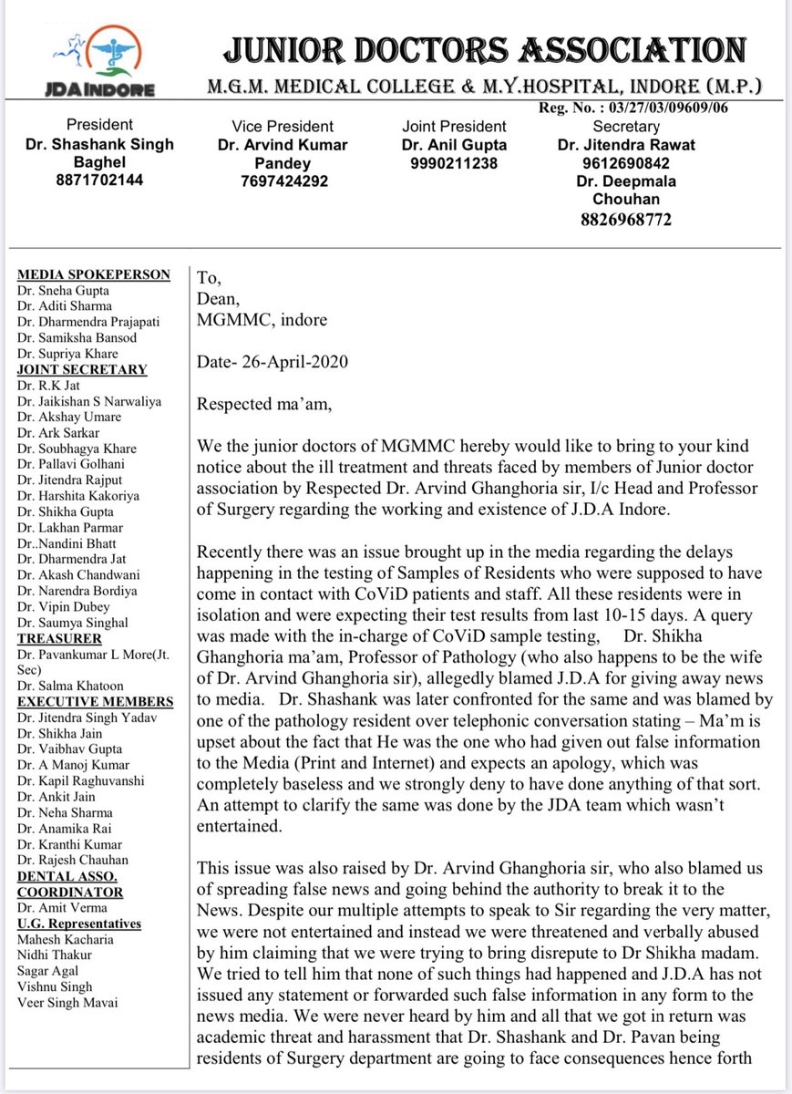 DrHarjitBhatti's tweet image. MGM Indore doctors are receiving life threats from Surgery i/c HOD for raising voice against delay in #Covid19 reports.HOD is adamant to spoil their career &amp;amp; punishing them with hectic duties &amp;amp; verbal abuse. I request @ChouhanShivraj to save the lives &amp;amp; careers of #CoronaWarriors