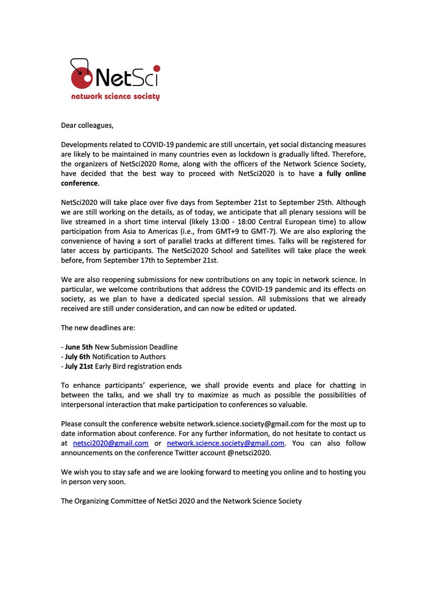 #Netsci2020 will be an online-only conference! Check the announcement below for more details. Highlights:
- 5 days Conference from Sept 21st to Sept 25th
- A few weeks to amend your abstract or submit a new one
- we will host a special #COVID19 session
<a href="/netscisociety/">Network Science Society</a> <a href="/netsci2020/">NetSci MMXX</a>