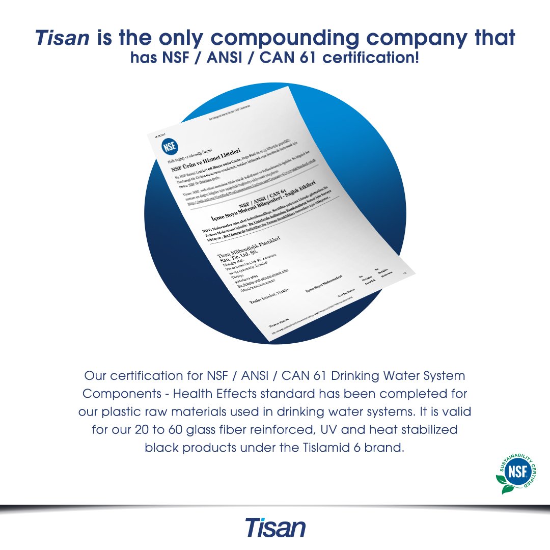 tisanplastics's tweet photo. Tisan is the only compounding company that has NSF / ANSI / CAN 61 certification!
#Tisan #engineeringplastics #muhendislikplastikleri #plastikmühendisi #plasticsengineer #insidethelife #hayatıniçinde #nsfansıcan61 #nsf #ansı #can61 #sertifika #su #water https://t.co/6qngoMhAE9