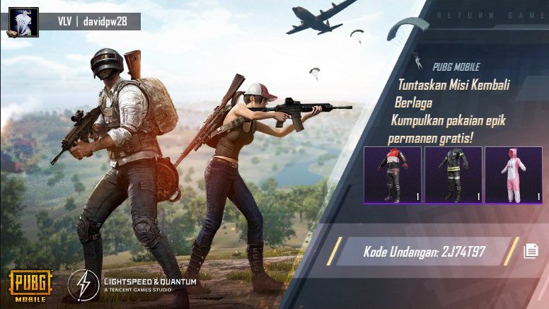 pw_david's tweet photo. Tuntaskan Misi Kembali Berlaga PUBG MOBILE! Kumpulkan pakaian epik permanen gratis! Kode undangan saya: 2J74T97 https://t.co/6iA7oYOBJM https://t.co/5SwcwkL7I3