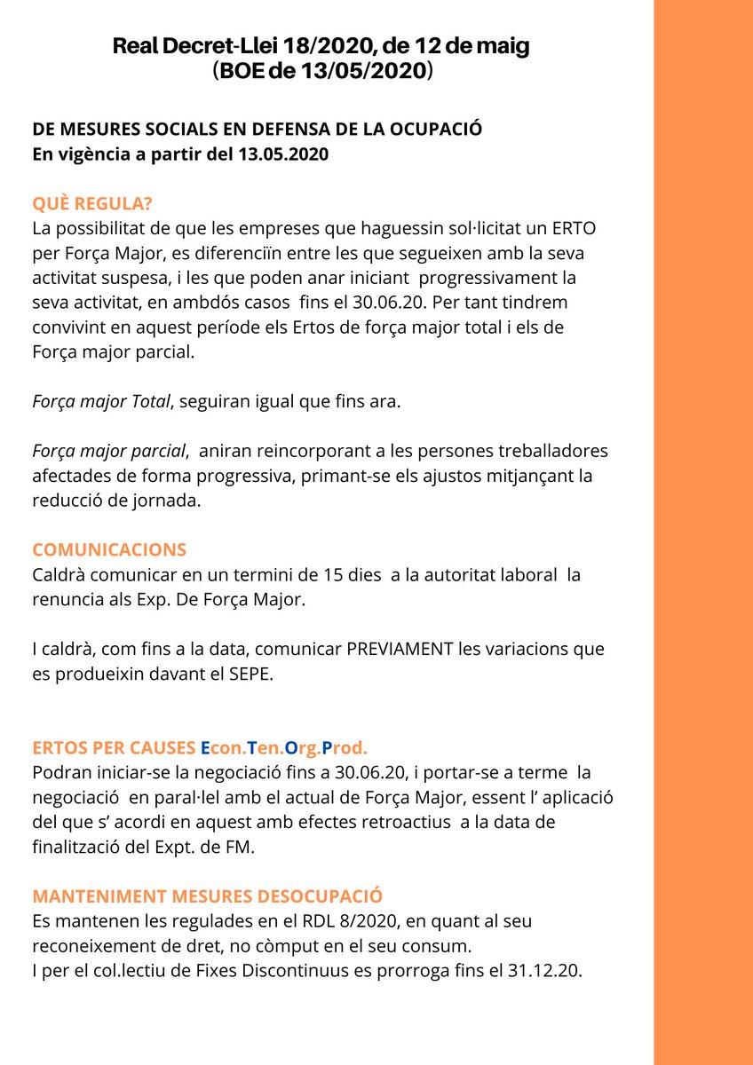 OtGir's tweet photo. Encara no el tens? Resumim aquí el BOE del 12/05 referent al #covid19 sobre mesures socials ens defensa de la ocupació. Com afecta això a la meva empresa i els meus treballadors? https://t.co/FRxuSlvHuq