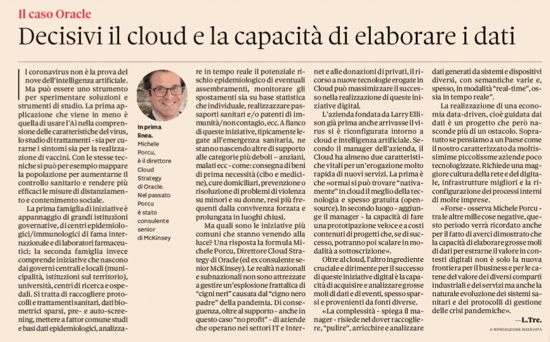 simonaumberta's tweet photo. Oggi su @sole24ore a pag. 31 il collega Michele Porcu, Senior Cloud Strategy Director, ha parlato a @lucatremolada dell'importanza delle tecnologie #Cloud e della #DataAnalytics nell'era post-#COVID19 che ci aspetta (sia dal punto di vista del #business che di quello #sanitario) https://t.co/upwjyz0Hya