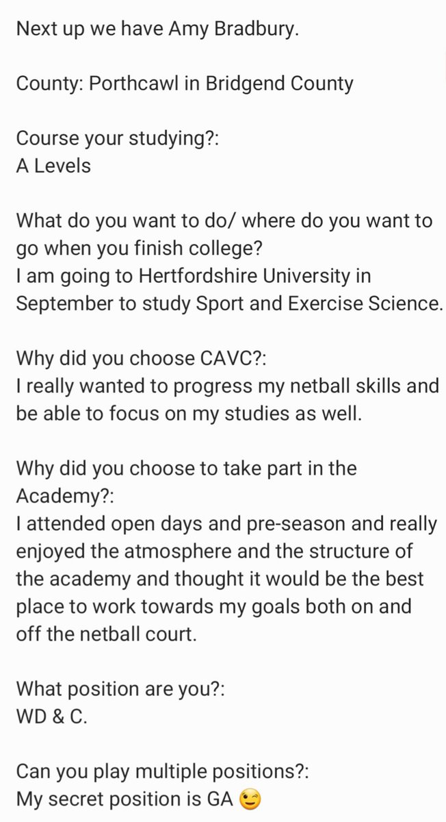 CAVC_Netball's tweet photo. Wythnos i heddiw rydyn ni'n edrych ar broffil chwaraewr @AmyBradbury13

Edrychwch arno a gweld beth sydd ganddi hi ddweud am academi pêl-rwyd CAVC.
#academifelun

@WelshNetball @celtic_dragons @CAVC @CAVC_Sport @BridgendBolts @BridgendBoltsNC @CentralSouthWN @SouthEastWN https://t.co/tIHFJIruKp