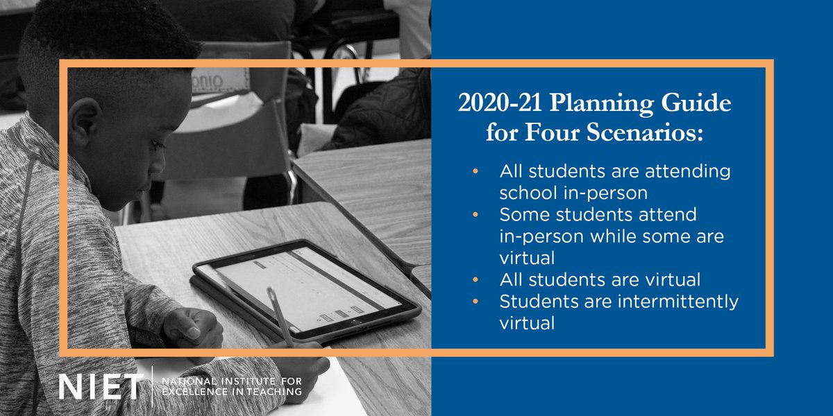Our newest <a href="/NIETteach/">National Institute for Excellence in Teaching</a> resource helps leaders w/ guiding questions &amp; key points of consideration in planning for re-opening scenarios in 2020-21. Helpful guide for task forces &amp; leadership teams. Download free guide &amp; matrix here: bit.ly/20-21-Planning…
