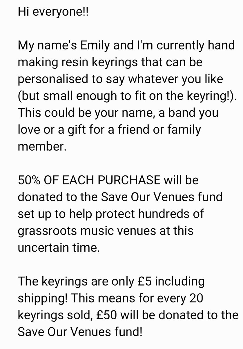 EmilyRose_Crg's tweet photo. Hi everyone!! I've set up a project making custom resin keychains where 50% OF EACH PURCHASE will be donated to the Save Our Venues fund! Please read and follow &amp; DM @keyringsbyemily if you want to buy one! I made myself a @kingnunband one (obviously!) AND they're only £5! https://t.co/XnLs4rJyrh