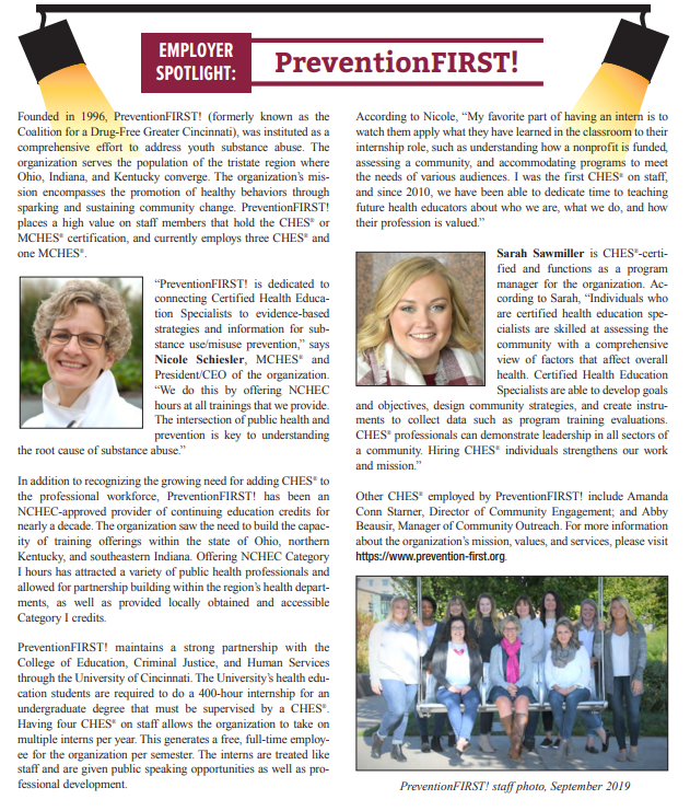 Who saw the employer spotlight in the most recent @NCHEC_updates News, featuring some of our amazing alum?! Way to go <a href="/PrevFIRST/">PreventionFIRST!</a>!
