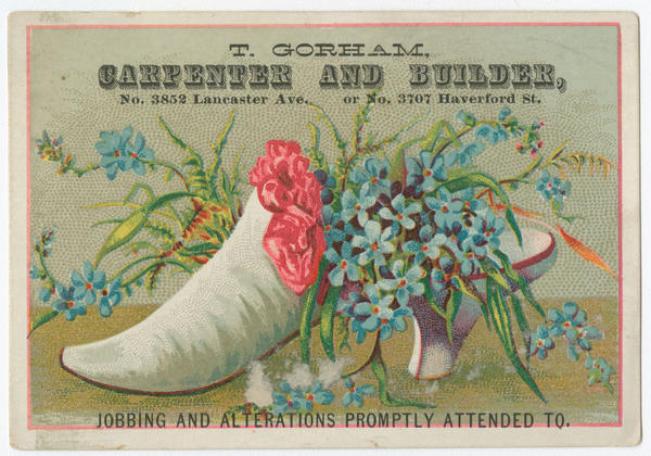 librarycompany's tweet photo. Weekend quarantine activity: turn all of the shoes you haven't worn in nine weeks into planters!

Image: T. Gorham, carpenter and builder. [Philadelphia]: 1880.
Chromolithograph, 3 x 4 in.

#BensLibrary #LCPprints #tradecards #FloralFriday #QuarantineActivities #Shoes #DIY https://t.co/dU1BUKJ9RF