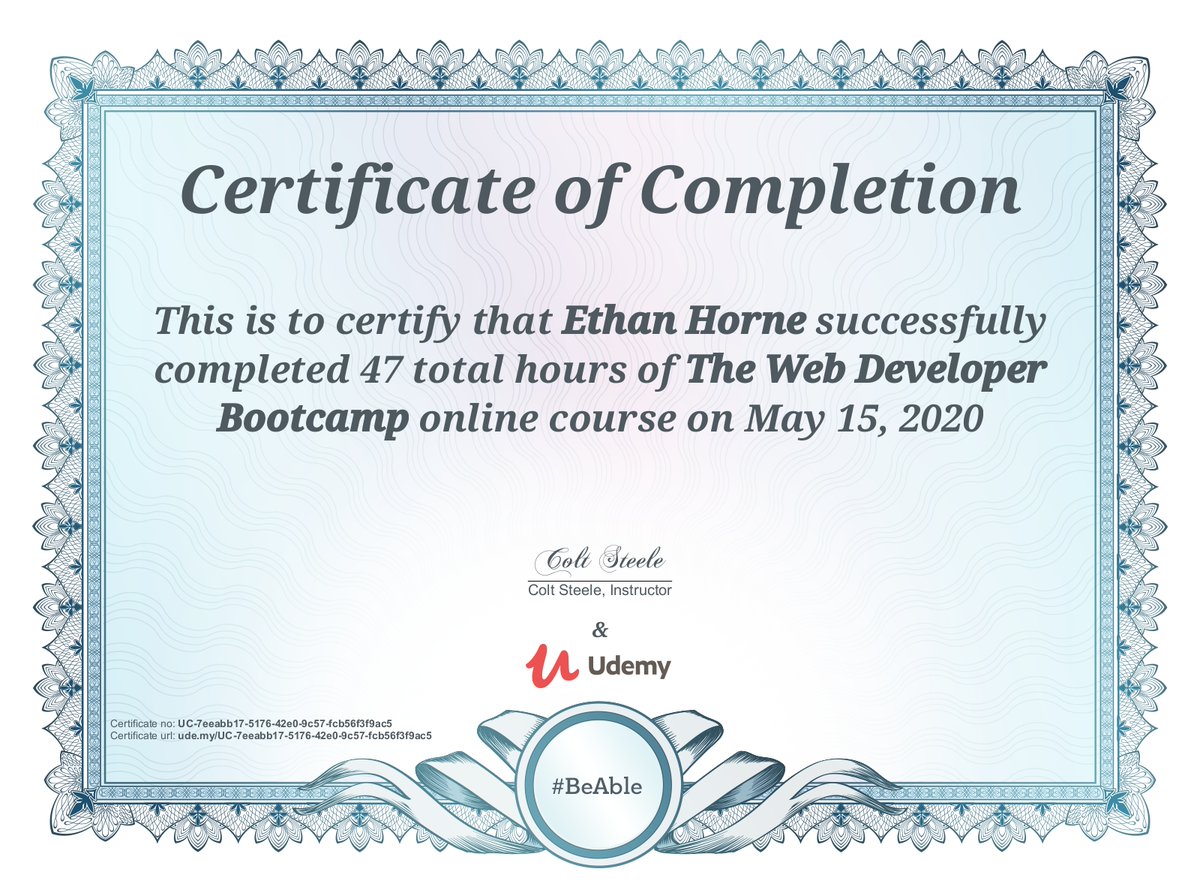 EthanHorne's tweet photo. Just completed "The Web Developer Bootcamp" on @udemy! 🤘 https://t.co/CqUxhYQCAS