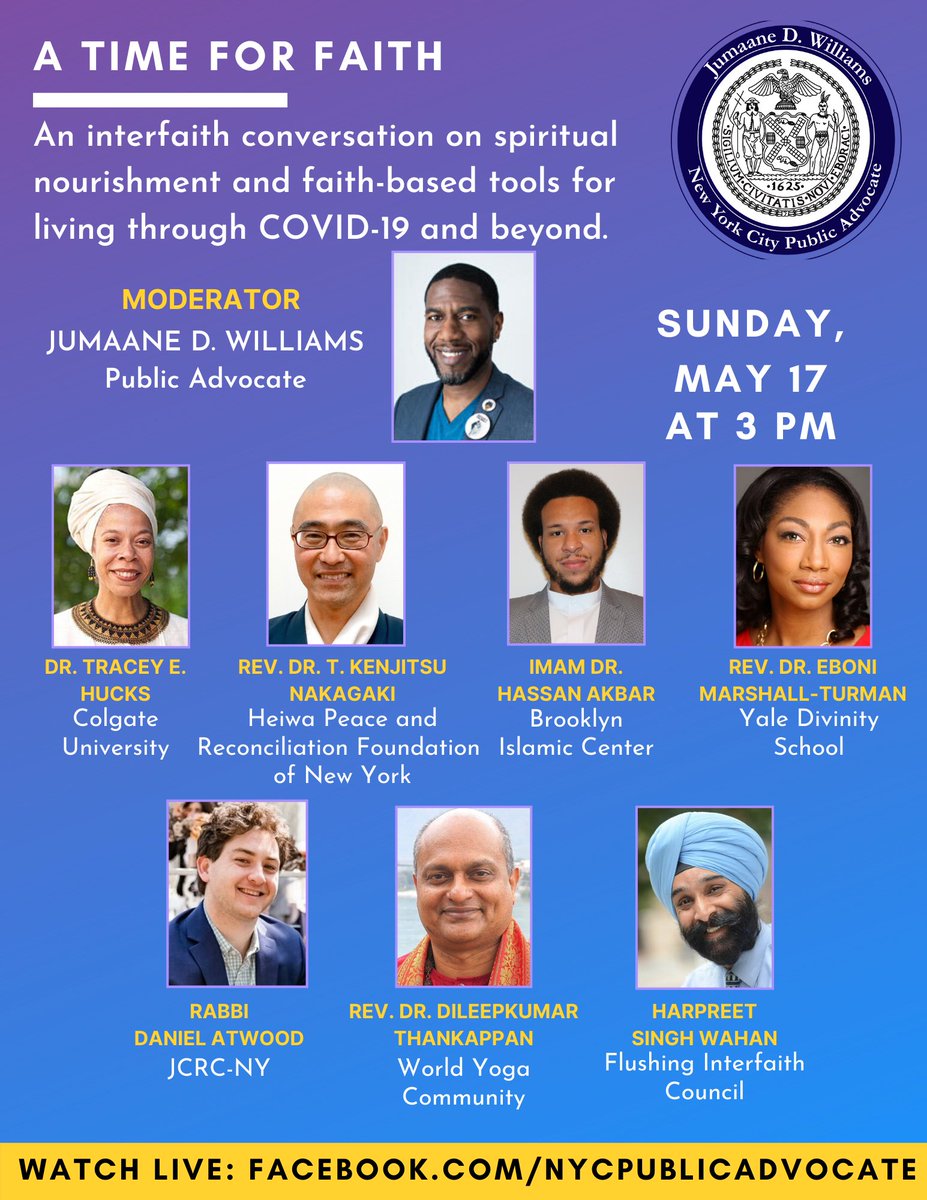 nycpa's tweet photo. The #TimeForFaith series is an opportunity to share faith-based tips for living through #COVID19 and beyond. Join us on Sunday, May 17 at 3 PM to hear from a dynamic panel of interfaith leaders. Watch live here: https://t.co/w2H9MEs7uP https://t.co/5S0Ihc93iC