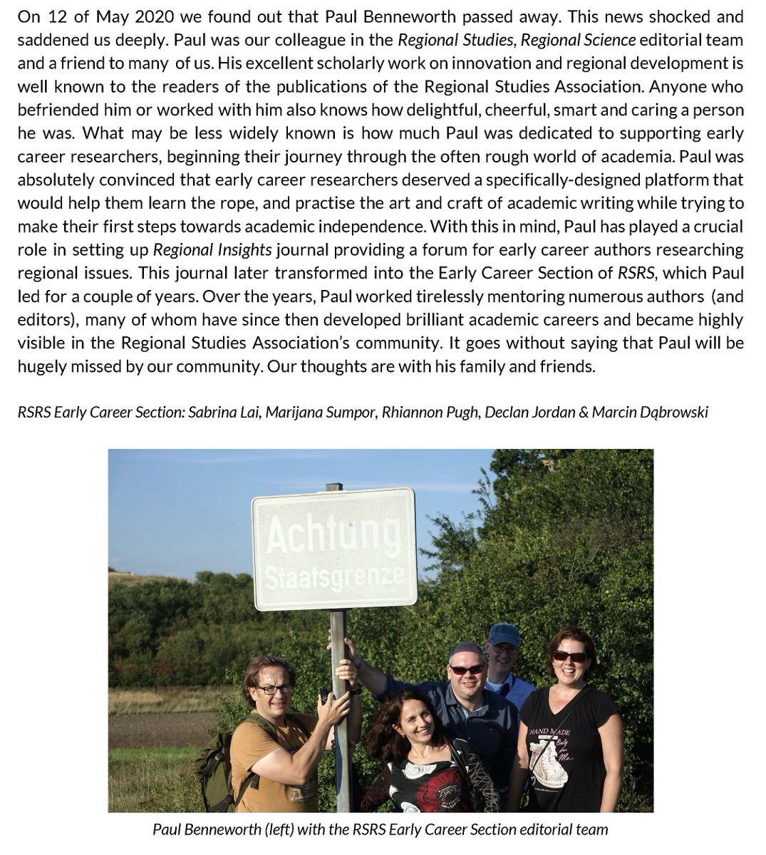The editors of the <a href="/RSRS_OA/">Regional Studies, Regional Science (RSRS)</a> Early Career Section have been deeply saddened and shocked by the passing of our friend Paul Benneworth <a href="/heravalue/">Prof Paul Benneworth</a>. He will be hugely missed by the <a href="/regstud/">Regional Studies Association</a> community regionalstudies.org/news/in-memori…