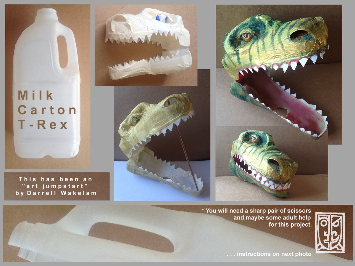 DarrellWakelam's tweet photo. It's #NationalDinosaurDay !!!! Why not have a go at my 'Milk Carton T-Rex' or build your own species? One milk carton, no leftovers, no waste! This is one of my 50 free #Artjumpstart ideas for #Lockdown. @NHM_Learn @Artsreach @ArtsPoole @artsdevco @ace_national https://t.co/JZmwvpw1in