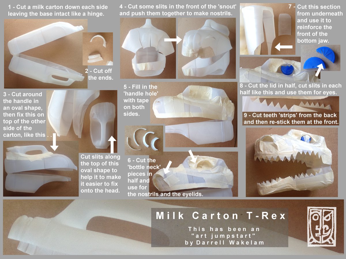 DarrellWakelam's tweet photo. It's #NationalDinosaurDay !!!! Why not have a go at my 'Milk Carton T-Rex' or build your own species? One milk carton, no leftovers, no waste! This is one of my 50 free #Artjumpstart ideas for #Lockdown. @NHM_Learn @Artsreach @ArtsPoole @artsdevco @ace_national https://t.co/JZmwvpw1in
