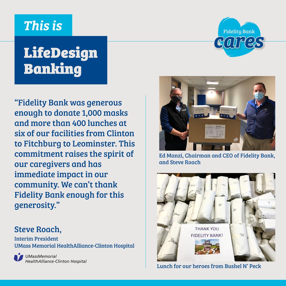 FidelityBankMA's tweet photo. We are happy to donate a total of 6,000 KN95 face masks to our local health care heroes at @umassmemorial @SaintVincentMA @HeywoodHealthCr Central Care Nurses Association, and @haclintonhosp Thanks @BushelNPeckMA for the lunch! 💙 #ThisisLifeDesign #FidelityBankCares https://t.co/U55EJ6V5Wb
