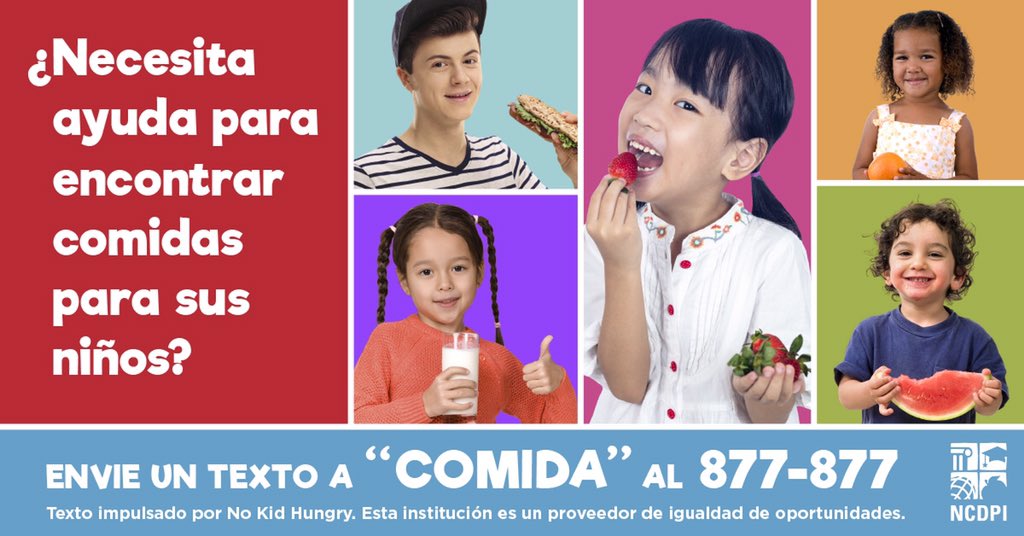 Necesita ayuda para encontrar comidas para su hijo ? Envia texto a COMIDA al 877-877. Ingrese su direccion y recibira un mensaje de texto con la ubicacion y los horarios de los sitios cercanos que ofrecen comidas gratis para ninos hasta los 18 anos. #COVID19NC #nced