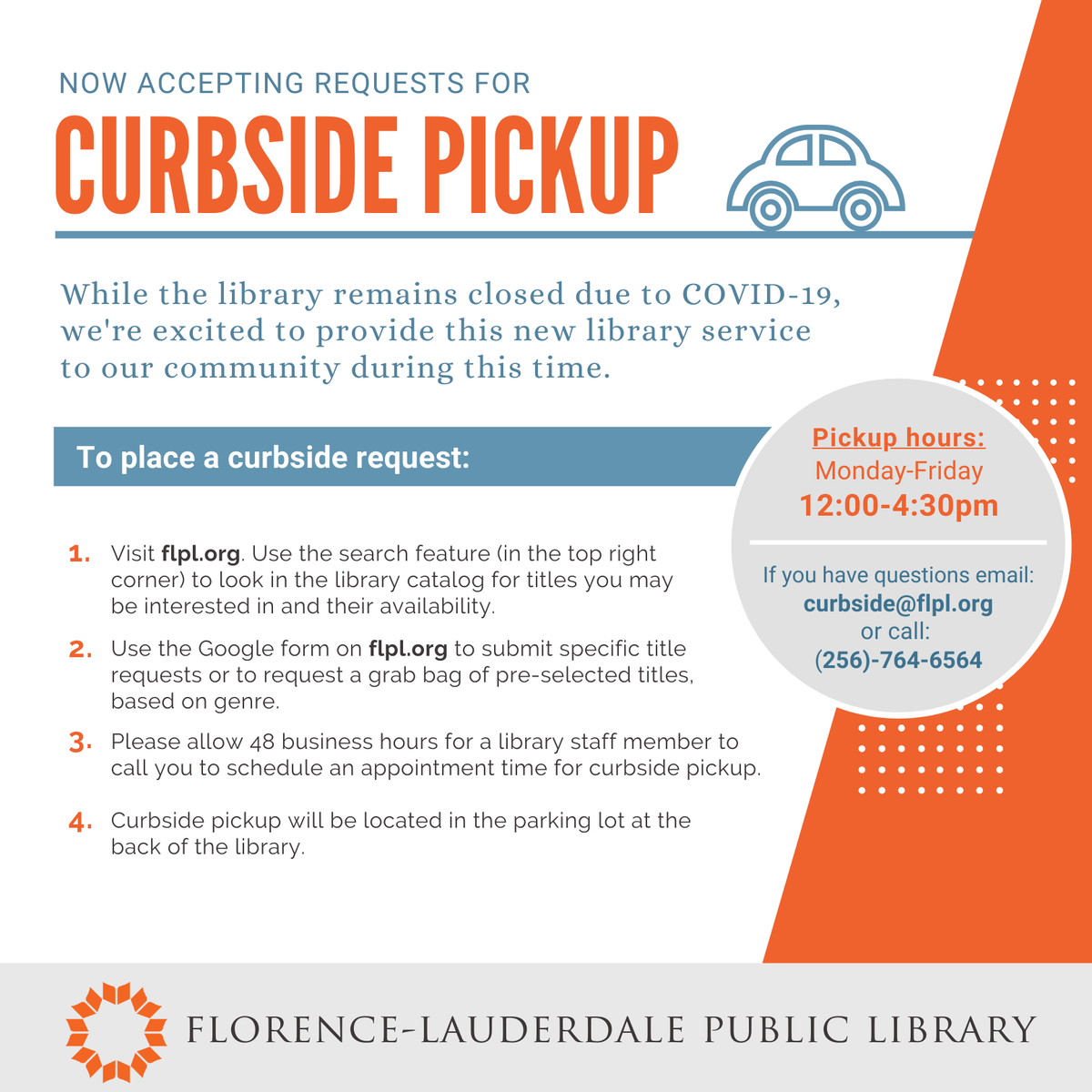 FLPLibrary's tweet photo. Curbside Pickup starts May 18! Visit https://t.co/skbv91MZzK to request books and DVDs to checkout. https://t.co/TrzNSJVjau