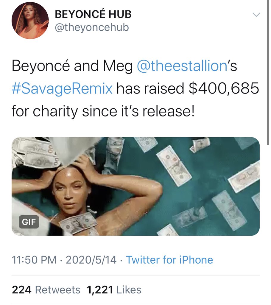 33. Beyoncé partnered with Jack Dorsey to donate $6M for charity relief, including mental health services.Savage (remix) raised $400K+ in 10 days and sparked donation boost.Beyoncé offered free testing to thousands of people in Houston.