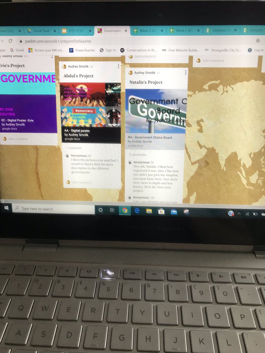 PEER FEEDBACK! Kiddos chose between a digital poster, a song/music video, a poem, or acting out a scene to demonstrate their knowledge on the 4 types of government. Projects were posted to our class Padlet where s’s provided feedback to their peers projects! #socialstudiesisfun