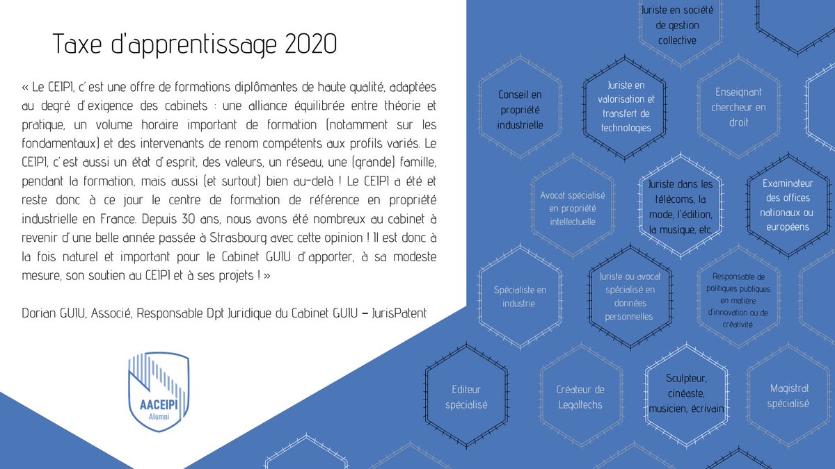 Nous remercions <a href="/DorianGUIU/">Dorian GUIU</a> du <a href="/CabinetGuiu/">Cabinet GUIU-JURISPATENT</a> pour son témoignage sur la #taxedapprentissage. 
Soutenez aussi le CEIPI pour former vos futurs collaborateurs. Plus d'informations sur la page dédiée 👉ceipi.edu/taxe-dapprenti…    #CEIPITA2020 #aaceipi cc 
<a href="/CEIPIStrasbourg/">CEIPI</a> <a href="/CNCPI_FR/">CNCPI</a>
