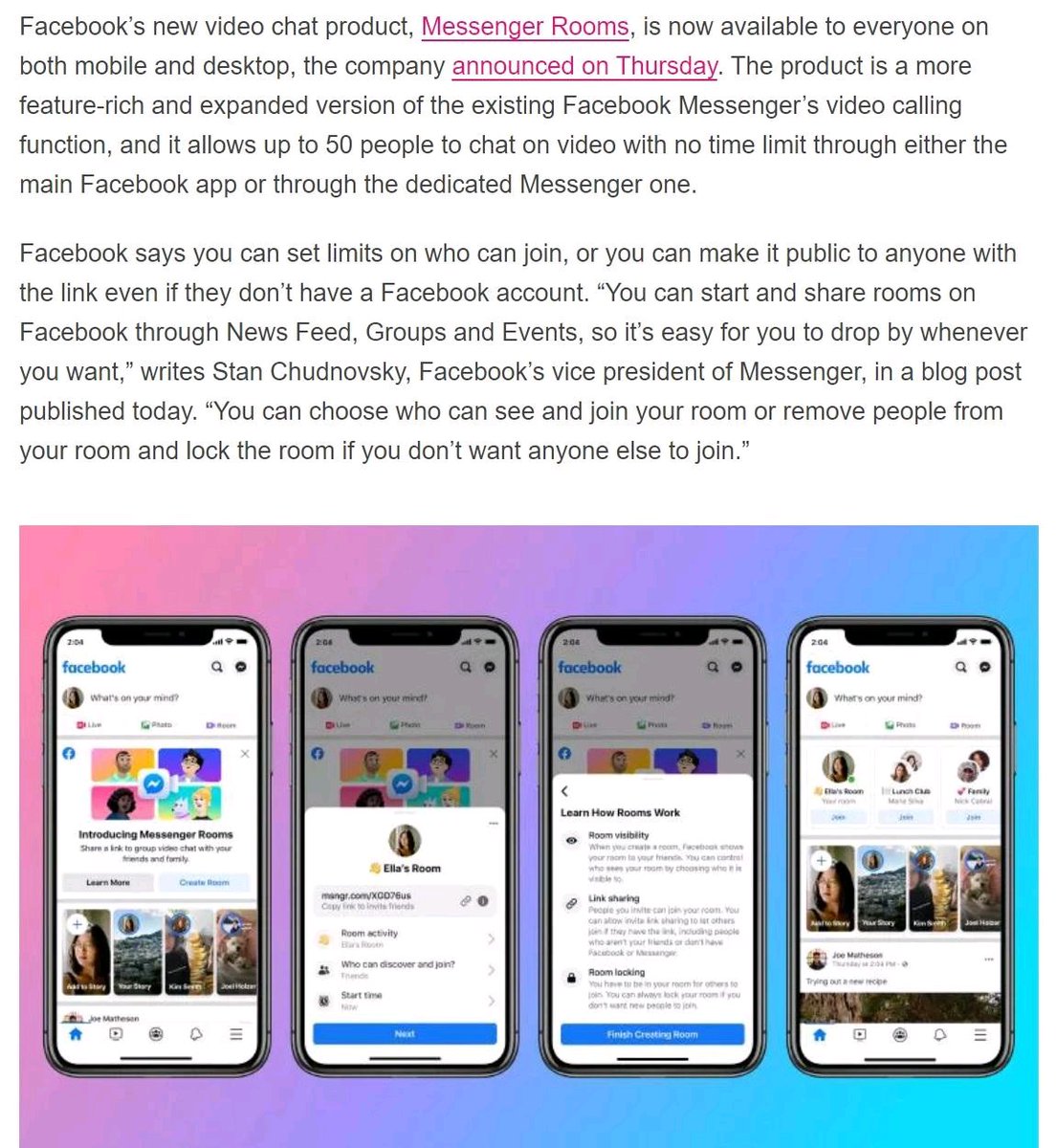 dxpathfinder's tweet photo. Facebook’s new video chat app, Messenger Rooms, allows up to 50 people to chat on video with no time limit through either the main Facebook app or through the dedicated Messenger one.
#TheVerge #Facebook #MessengerRooms #VideoConferencing #FBMessenger #VirtualMeeting #Messenger https://t.co/Z19mWzB903