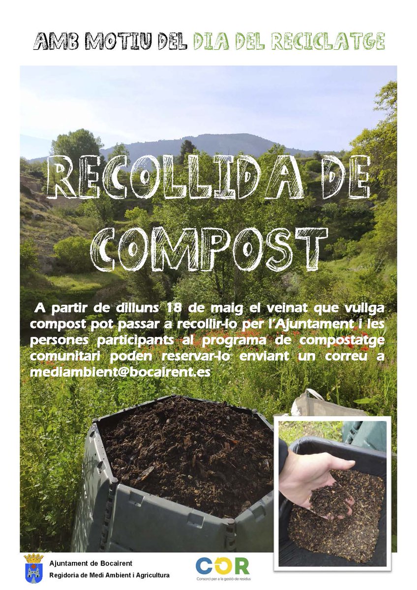 Amb motiu del dia mundial del reciclatge (diumenge 17 de maig) tindrem a disposició del veïnat, adob obtingut gràcies al programa de compostatge municipal. #vidasostenible #residuzero #compost #agricultura