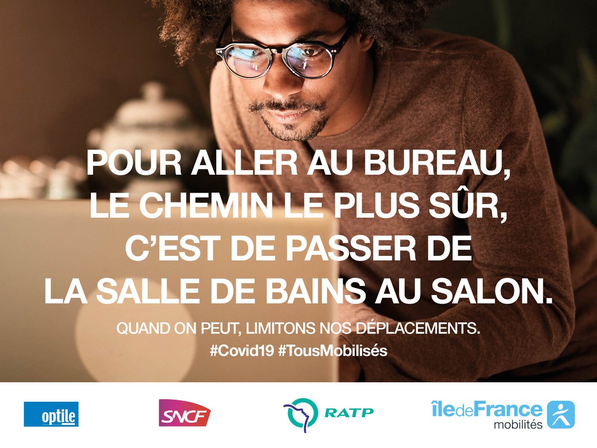 IDFmobilites's tweet photo. Restons #TousMobilisés pour éviter la propagation du #covid19. En privilégiant le télétravail, vous limitez vos déplacements et aidez à garantir la sécurité de tous. #IDFsolidariteCovid 👉 https://t.co/jamkYVLIed https://t.co/ffVdJAB9zY