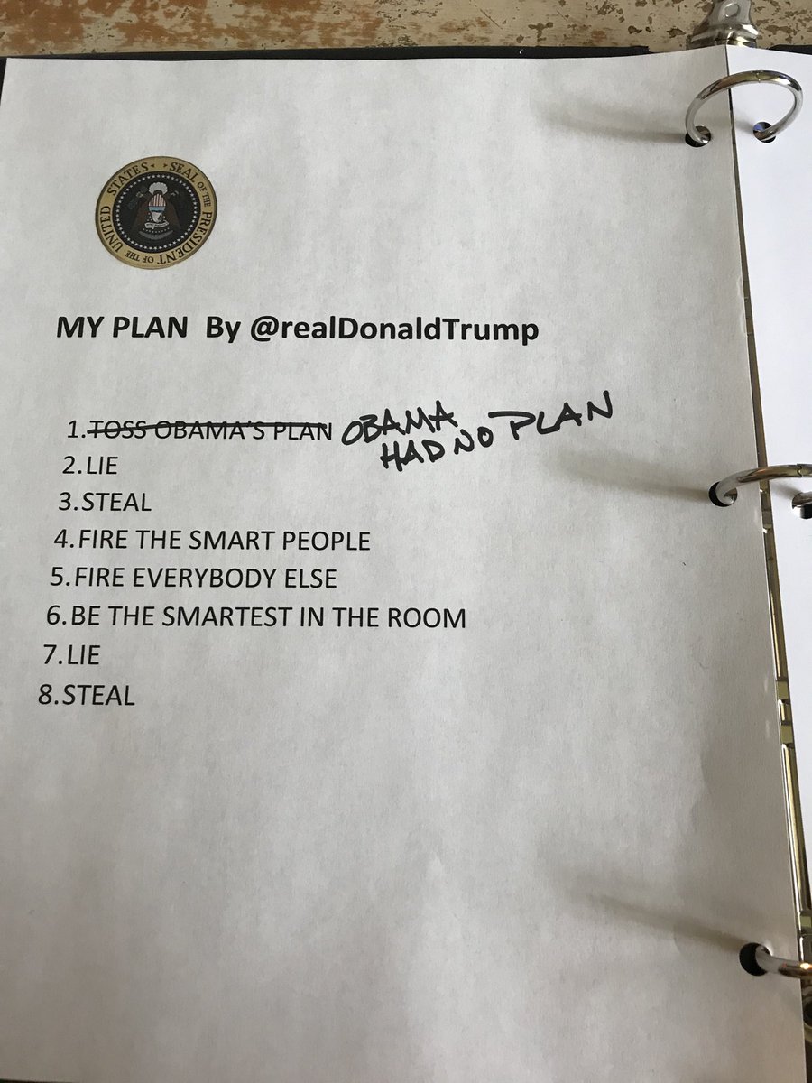 FreeStatePonder's tweet photo. #trumphasnoplan but that notebook prop does contain a page from his playbook. #trumpdeathtoll86k ⁦@realDonaldTrump⁩ #covid19 #unstablegenus ⁦@johnpavlovitz⁩ https://t.co/4ZZKje8yhY