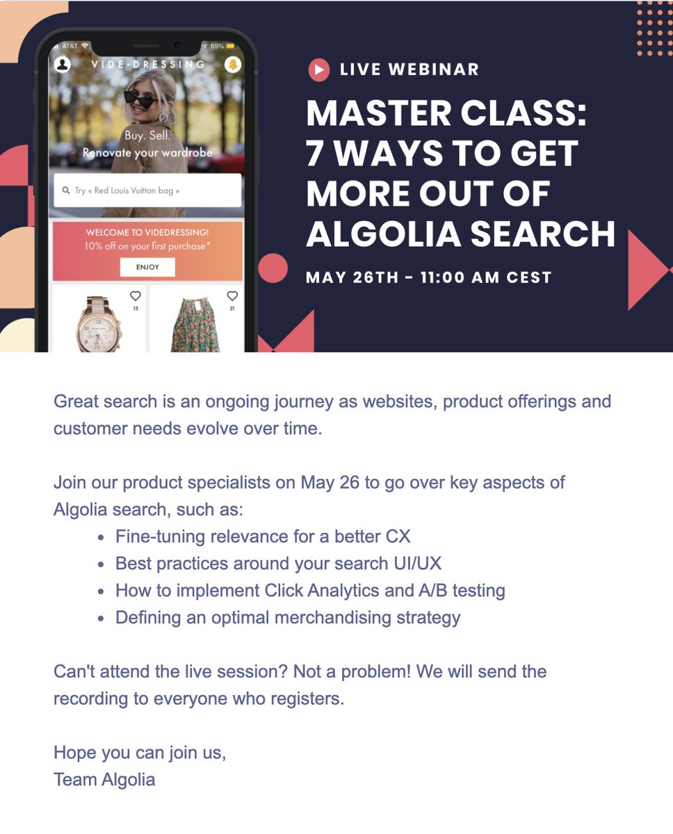 We made a kick-ass search customer experience with <a href="/abiaad/">Rami Abi Aad</a> and <a href="/VD_Labs/">VDLabs</a> using <a href="/algolia/">Algolia</a> :) It's always a pleasure to see screenshots of our app to illustrate "best-practice" webinars.