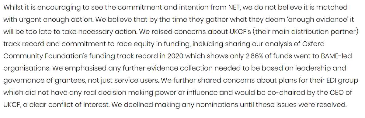 [2] We do not believe  @NatEmergTrust intention is matched with urgent enough action.By the time they gather ‘enough evidence’ it will be too late for BAME-led orgs. We are also concerned about their main distribution partner  @UKCF_tweets track record re. race equity in funding