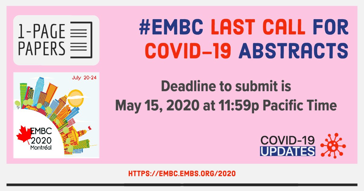 IEEEembs's tweet photo. ๐ฅ DEADLINE APPROACHING. ๐ฅ
There is still time to submit #EMBC20 #COVID19 abstracts. Deadline is May 15, 2020 at 11:59p Pacific Time. For more detail visit: https://t.co/MvGUEXnyXD #EMBCOVIDUpdate https://t.co/ZFbj7oZtcS