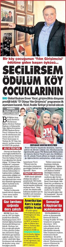 Bir köy çocuğunun Dünya Yılın Girişimcisi ödülüne giden başarı öyküsü 👏 EY Türkiye 2020 Yılın Girişimcisi seçilen ve dünya finalinde Türkiye’yi temsil edecek olan Sn <a href="/EnverYucel/">EnverYucel</a> heyecanını <a href="/gazetesozcu/">Sözcü</a> ‘de <a href="/Sultanucar_ist/">Sultan Uçar</a> ile paylaştı: Seçilirsem ödülüm köy çocuklarının”