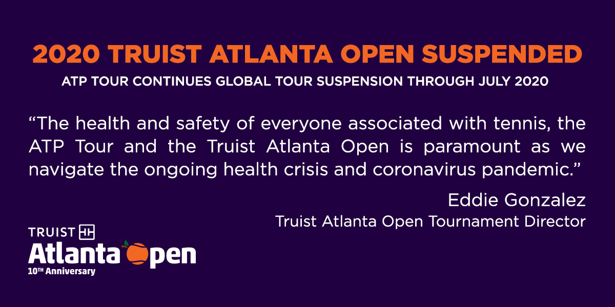 The Truist #AtlantaOpen shares the disappointment of fans, players, partners, volunteers, and all tennis lovers. We appreciate your continued support and look forward to world-class tennis returning to Atlanta July 24 - August 1, 2021.

🔗: bit.ly/3dQNQUi

#USOpenSeries