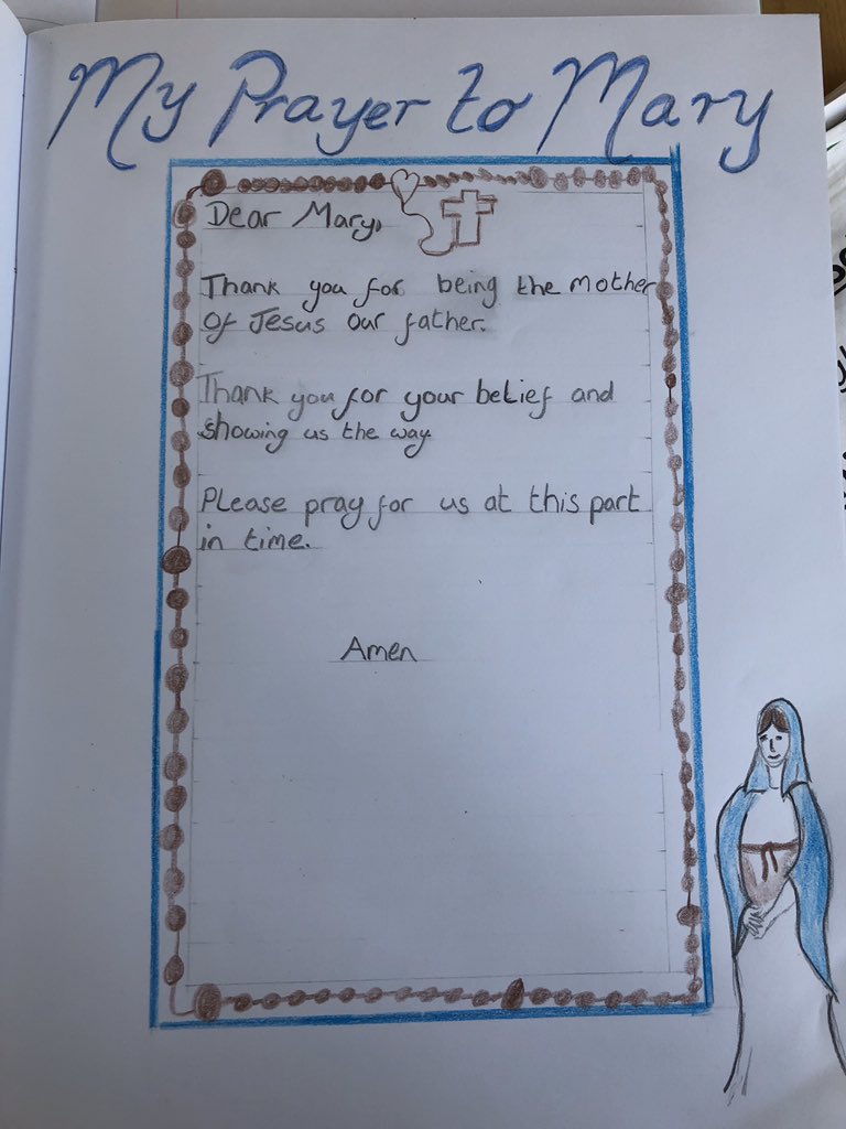 sjvblackpool's tweet photo. In the month of May we remember Our Mother Mary.  This week for our RE task, Year 3 have been writing prayers of thanks to Mary. Here are just two of the lovely prayers we received. #SJVClass3M #SJVClass3H #SJVRE https://t.co/3Nk9cZNXFH