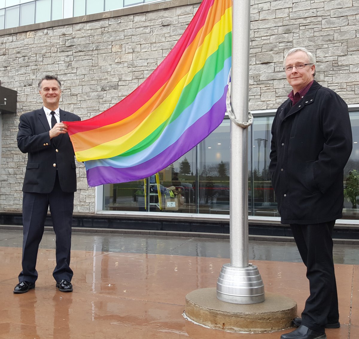 Chief Paul Martin and Regional Chair John Henry get ready to celebrate International Day Against Homophobia, Transphobia and Biphobia by raising the PRIDE flag at HQ today. Although the actual day is May 17th, we're raising the flag today due to the Victoria Day long weekend.