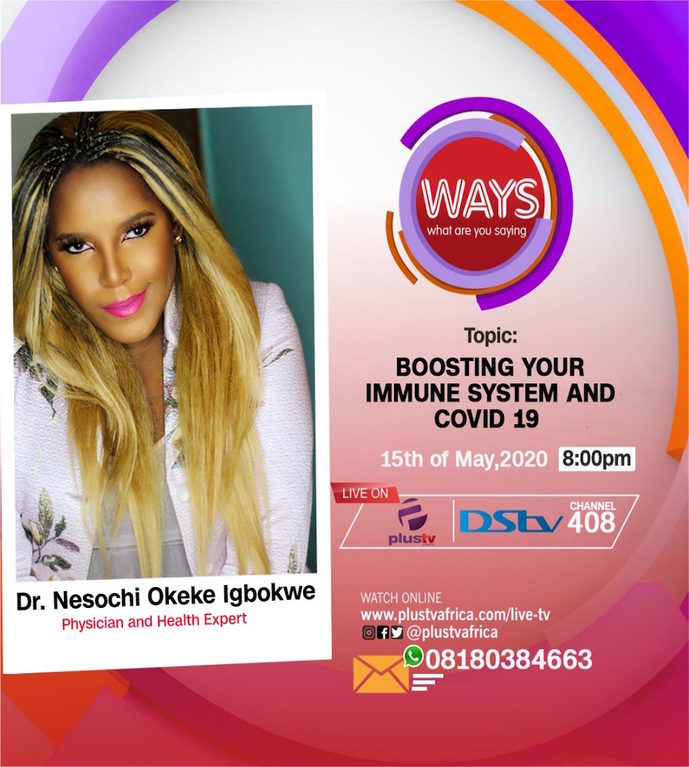DrNesochi's tweet photo. #BoostingYourImmuneSystem during the #coronavirus #pandemic...Tune in tonight to the @plustvafrica #talkshow
@waysshowafrica1, I’ll be discussing #COVID19 and your immune system...
——
#DrNesochi #SuperModelMD #HealthExpert #HealthAndWellness #GlobalHealth #PublicHealth #COVID19 https://t.co/kDSj2zd56U