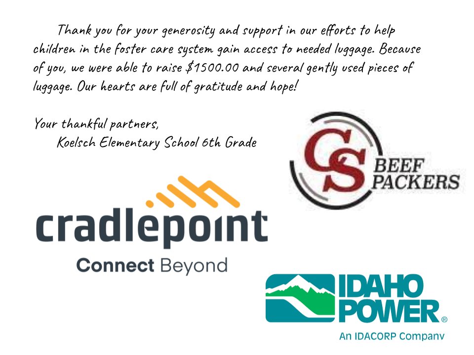 BSDEducation's tweet photo. After learning local foster care children transport their belongings in garbage bags, Koelsch 6th grade students wrote letters to companies seeking donations. They raised $1,500 &amp; collected gently used luggage, including suitcases donated by Idaho Power employees. #morethanschool https://t.co/6gLPgw8YGr