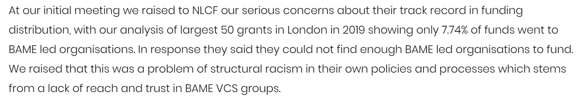 [4]  @TNLComFund does not support our call to ring fence funds to ensure it reaches BAME communities.They told us they could not find enough BAME-led orgs to fund in 2019 which is why figures were low - we say this stems from a lack of reach and trust in BAME VCS groups