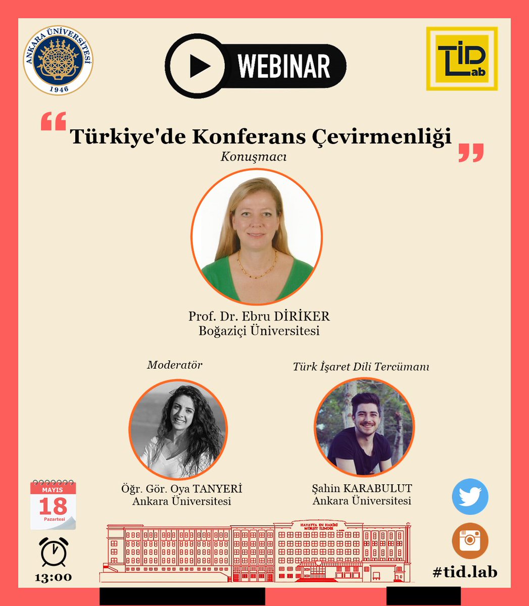 💻Webinar - TİDLab <a href="/AnkaraUni/">Ankara Üniversitesi</a> 
📢"Türkiye'de Konferans Çevirmenliği"
🗓️ 18 Mayıs 2020, Pazartesi
⏰13:00 UTC+3
👩‍🔬 Prof. Dr. Ebru Diriker <a href="/UniBogazici/">Boğaziçi Üni.</a> 
👩‍💻 Moderatör: <a href="/oya_tanyeri/">Ooooooo</a> 
🧏‍♂️TİD Tercümanı: <a href="/sahinkarabulutt/">sahinkarabulut</a> 
📝Ön kayıt: forms.gle/RKL35gXwNRV1bV…
 <a href="/tomerisaretdili/">TÖMER İşaret Dili Programları Koordinatörlüğü</a>