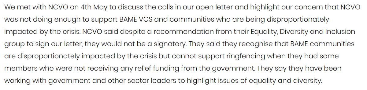 [5] NCVO will not be a signatory of our open letter. Whilst they recognise that BAME communities are disproportionately impacted by the crisis, they cannot support ring fencing.We lend our solidarity and support to  @NCVO’s BAME network and EDI group at this difficult time.