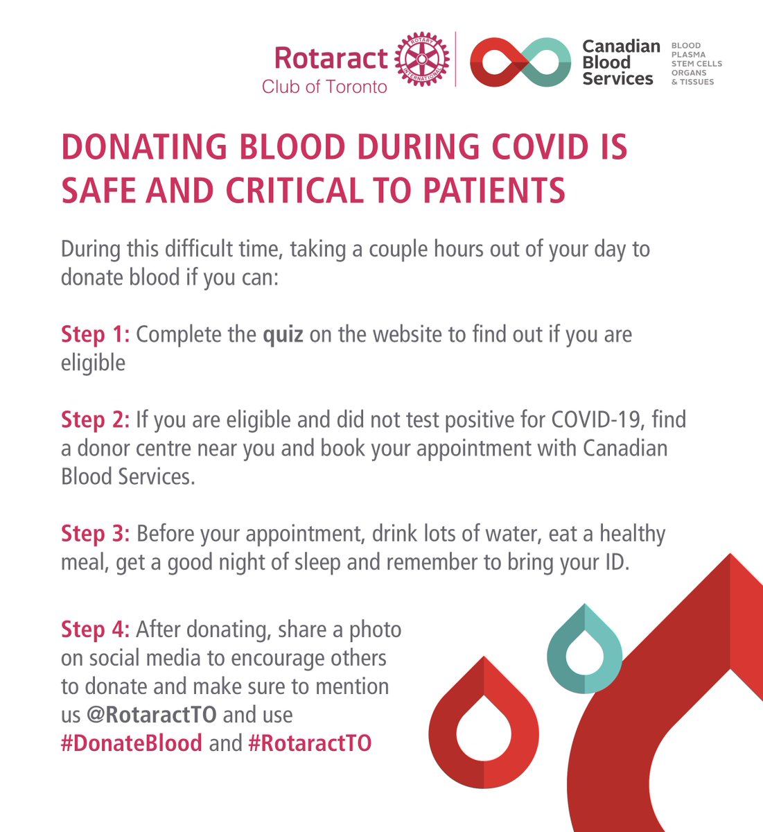 Complete the eligibility quiz on the @CanadasLifeline website on myaccount.blood.ca/en/eligibility… and find a donor centre at myaccount.blood.ca/en/donate. Share with your network and encourage others to donate using #DonateBlood and #RotaractTO