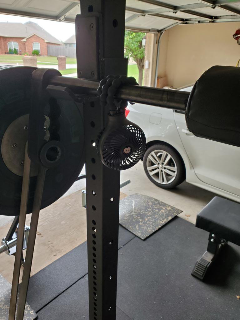 Hey <a href="/elitefts/">elitefts</a> I just found a new yoke bar accessory piece.... introducing the bar ride along fan. Name might need a little work 🤔 #toohot #garagegymAC