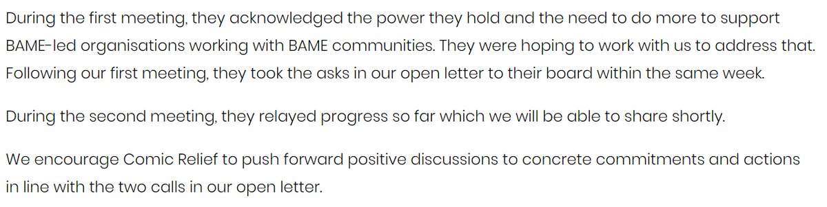 [7] We are pleased that  @comicrelief approached us and of their immediate acknowledgement of the power they hold and the work they need to do to support BAME-led organisations.We look forward to continuing to develop this relationship  #CharitySoWhite