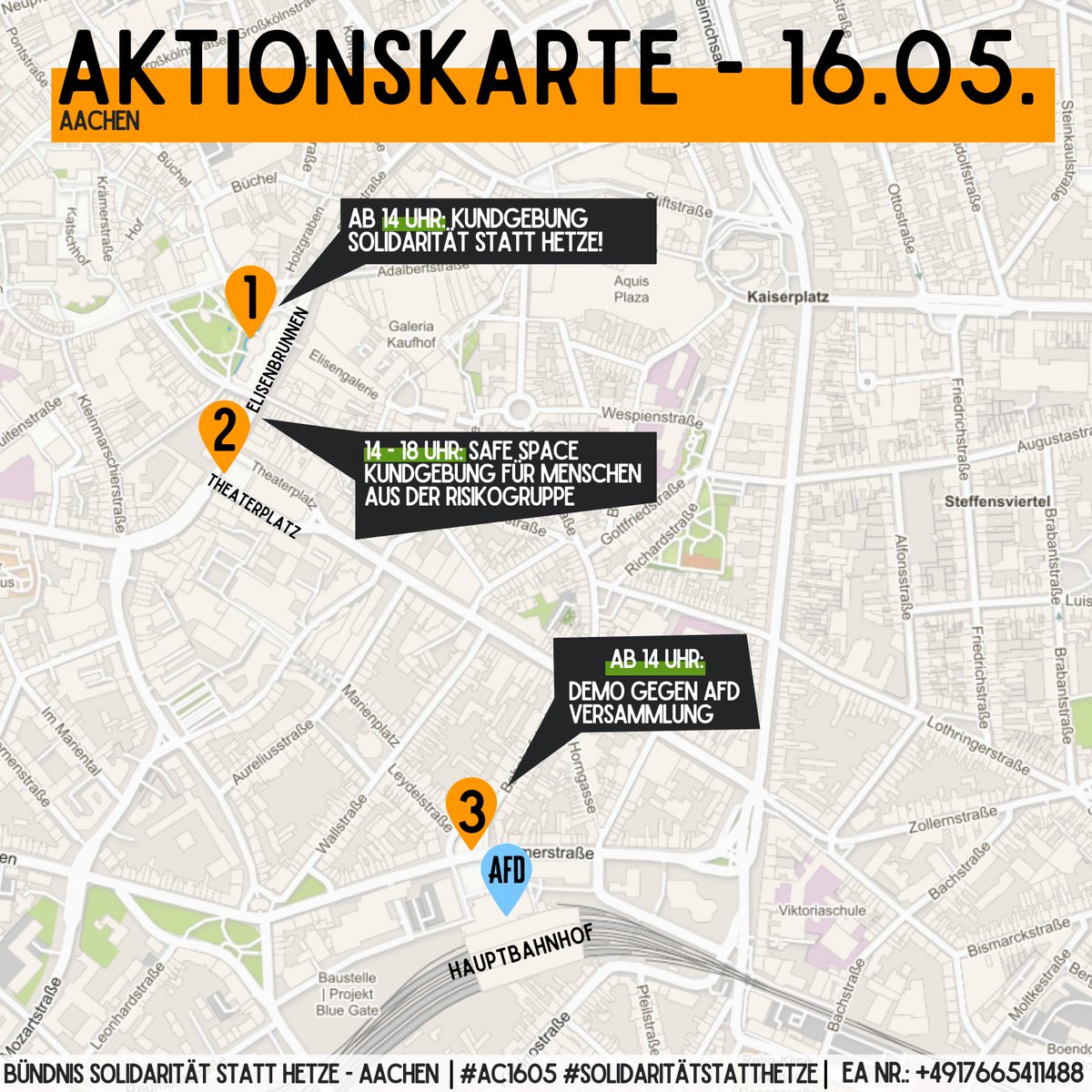 FutureFridaysAC's tweet photo. Die Aktionskarte für morgen! Seid dabei und setzt mit uns ein Zeichen gegen rechts, #noAfD und für eine solidarische, ökologische Welt! 

#Solidaritätstatthetze #ac1605 https://t.co/z2P0rXoDQh