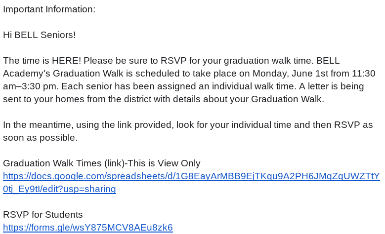 BELL Seniors: Graduation Walk Info!