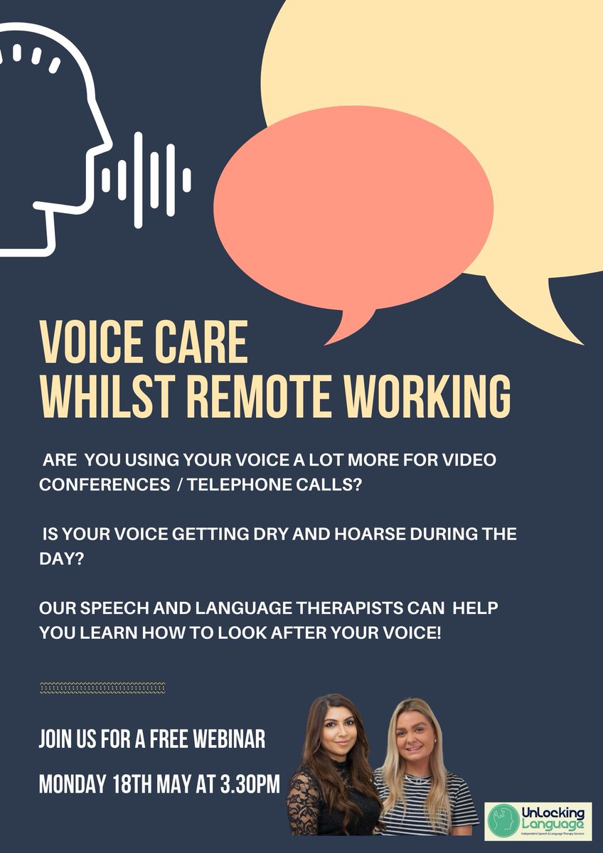 #Lockdown - The #videoconferencing era! Overusing your #voice? Dry throat? Join a FREE Webinar on Mon 18th May at 3.30pm to learn how to keep your voice healthy. For more info & registration: eventbrite.co.uk/e/voice-care-w… 
#voicecare #healthyathome #remoteworking #business #lockdown