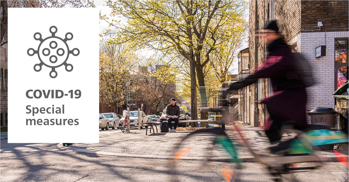 Val_Plante's tweet photo. #COVID19: 112 km of safe active routes will be created. These temporary pedestrian and cycling routes are in addition to the planned infrastructures and the 900 km of existing lanes. This summer, 1,200 km will be available for safe active travel. #polmtl https://t.co/wA75DqRDbN https://t.co/ABlNM1JIjs