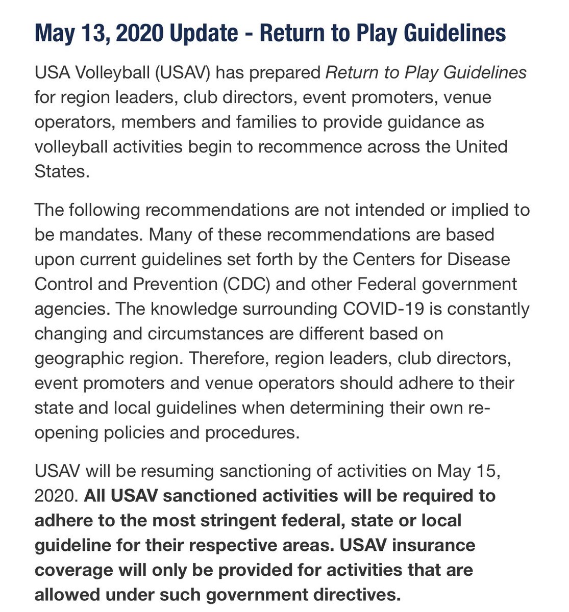 USA Volleyball Update🇺🇸🏐
See the Return to Play Guidelines presented by the <a href="/usavolleyball/">USA Volleyball</a> Coronavirus Task Force‼️ #May15

🚨ALTHOUGH USAV HAS OPENED UP ACTIVITIES, FEDERAL/STATE GUIDELINES MUST BE FOLLOWED FIRST

teamusa.org/usa-volleyball…